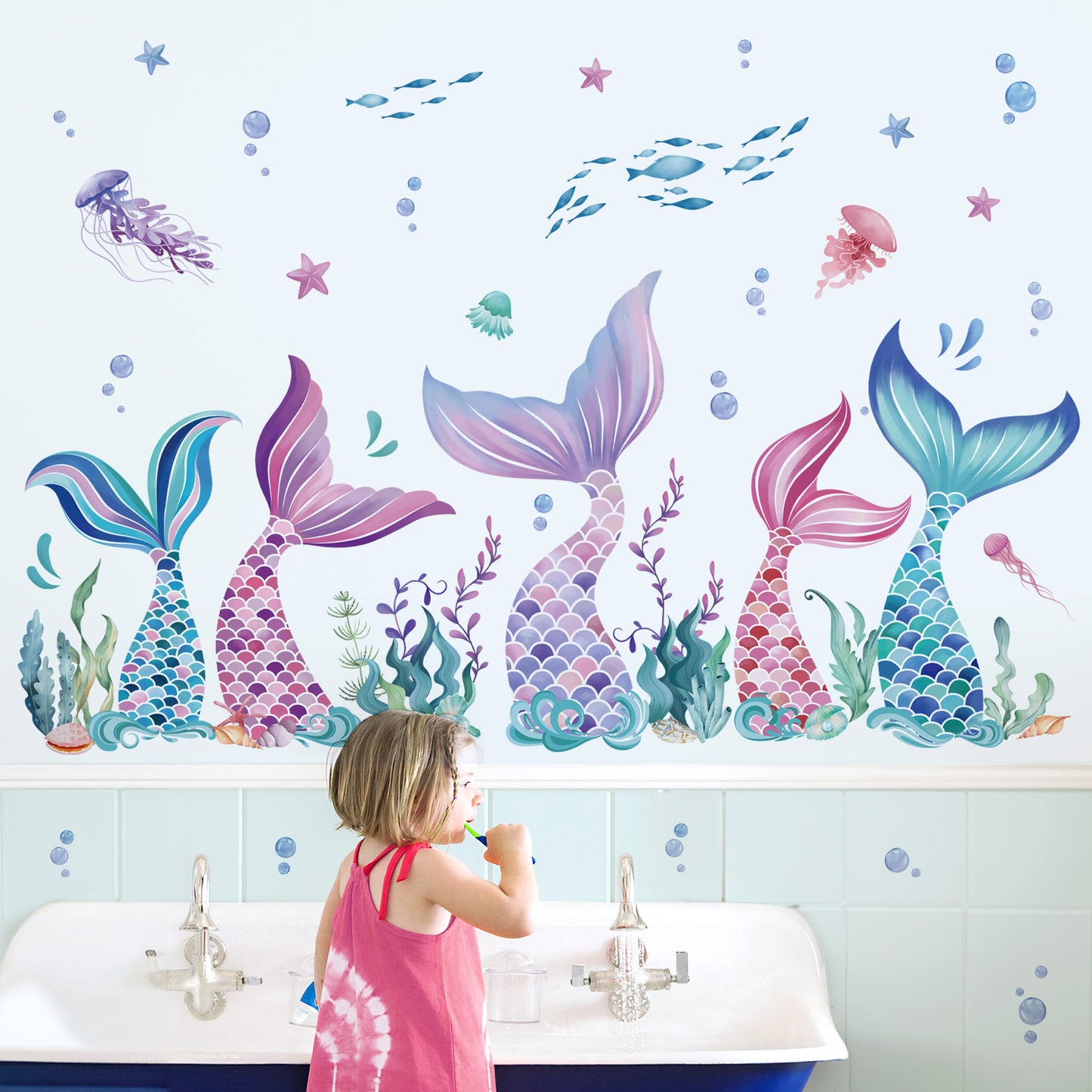 wondever Mermaid Tail Wall Stickers Under The Sea Mermaid Bubble Seaweed Peel and Stick Wall Art Decals