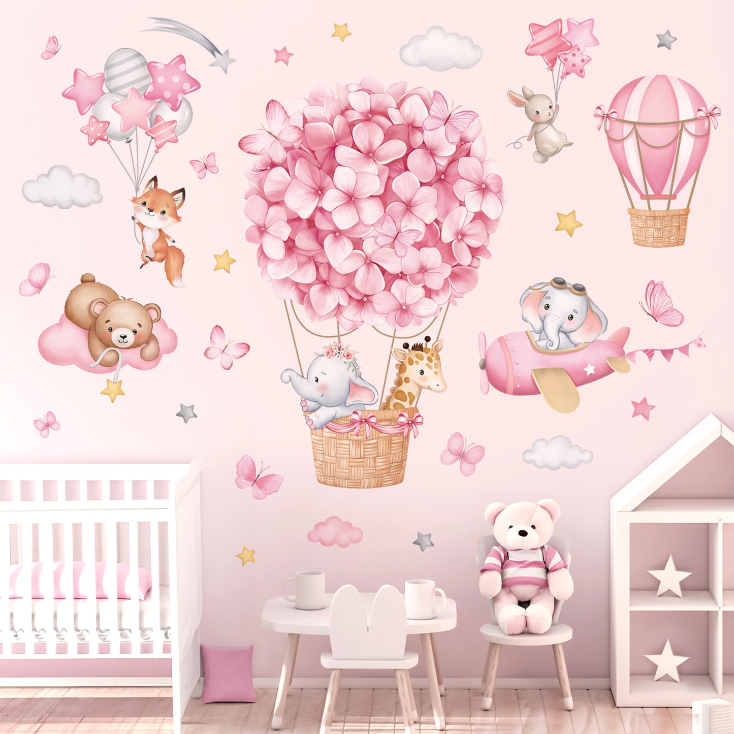 wondever Animals Hot Air Balloon Wall Stickers Flowers Elephant Giraffe Bear Airplane Wall Art Decals