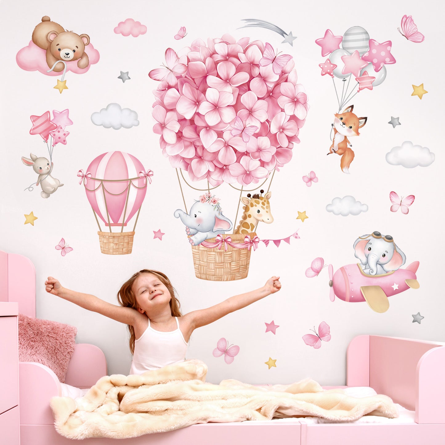 wondever Animals Hot Air Balloon Wall Stickers Flowers Elephant Giraffe Bear Airplane Wall Art Decals