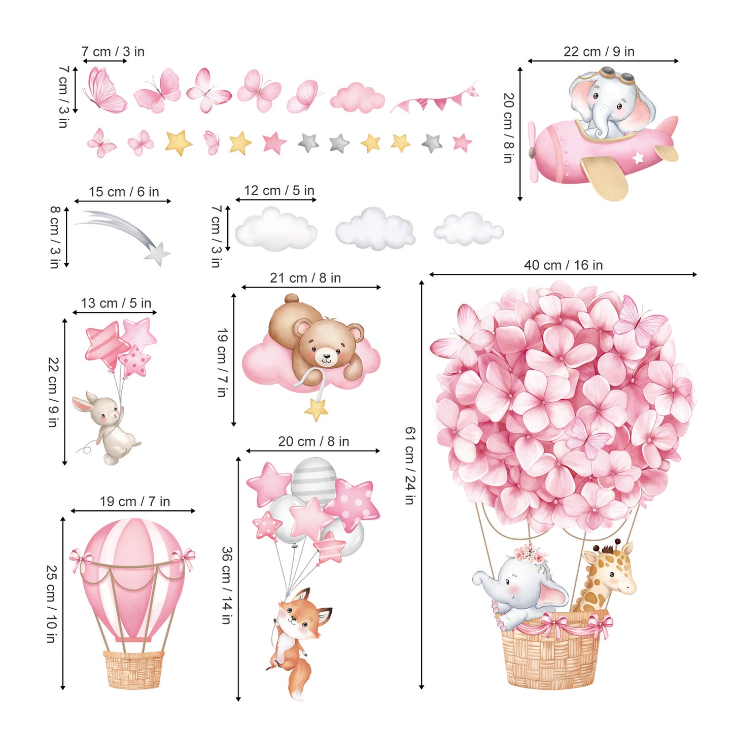 wondever Animals Hot Air Balloon Wall Stickers Flowers Elephant Giraffe Bear Airplane Wall Art Decals