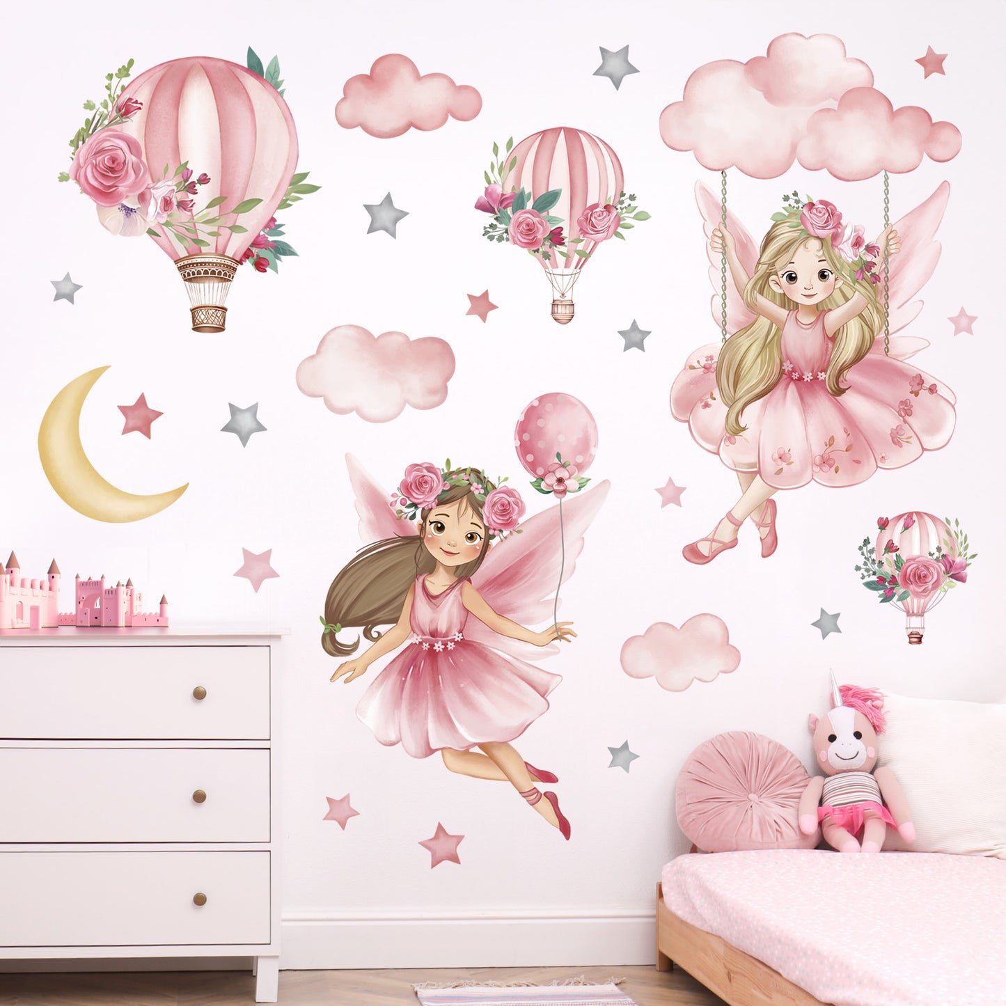 wondever Pink Fairy on Swing Wall Stickers Girl Hot Air Balloon Flowers Peel and Stick Wall Art Decals
