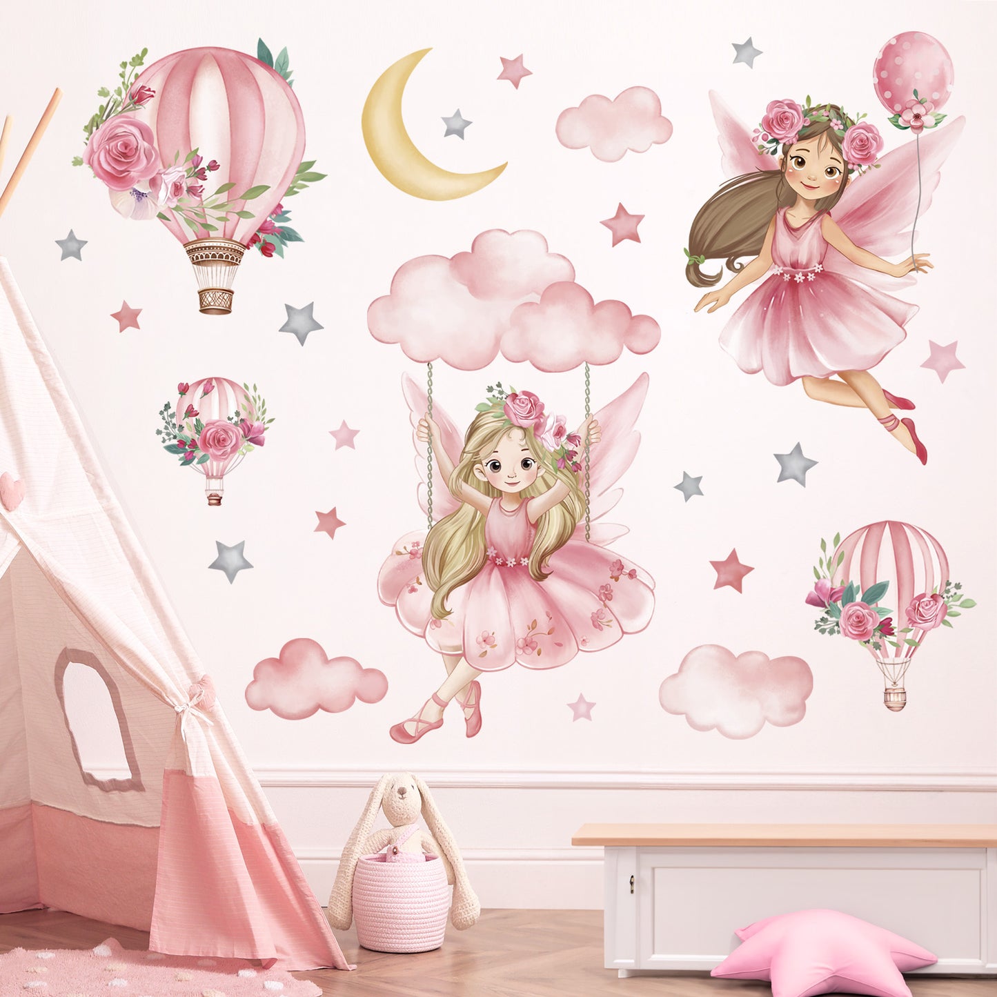wondever Pink Fairy on Swing Wall Stickers Girl Hot Air Balloon Flowers Peel and Stick Wall Art Decals