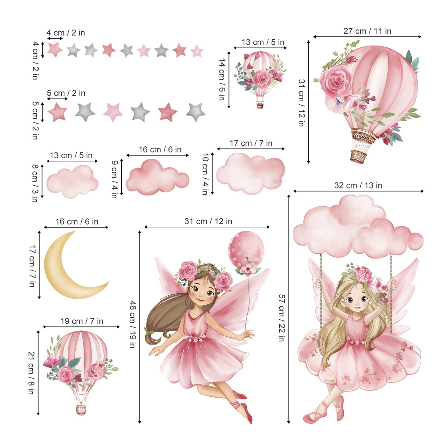 wondever Pink Fairy on Swing Wall Stickers Girl Hot Air Balloon Flowers Peel and Stick Wall Art Decals