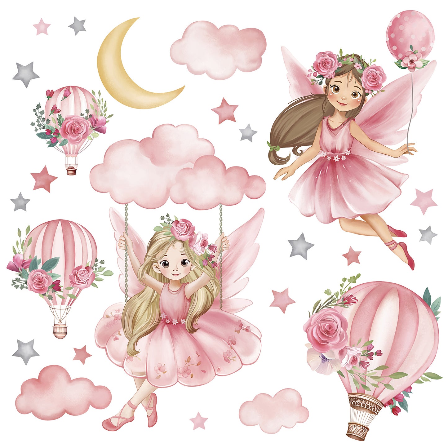 wondever Pink Fairy on Swing Wall Stickers Girl Hot Air Balloon Flowers Peel and Stick Wall Art Decals