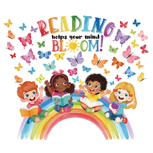wondever Reading Corner Rainbow Wall Decals Butterflies Kids Inspirational Quotes Reading Helps Your Mind Bloom Peel and Stick Wall Art Stickers