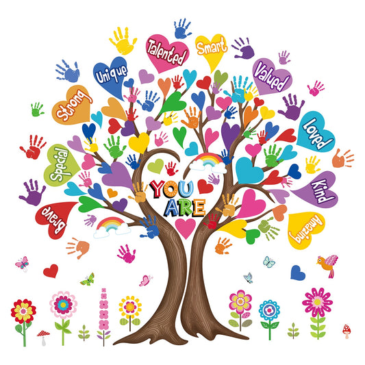wondever Large Hearts Tree Handprint Wall Stickers Classroom Tree Inspirational Quotes You are Strong Peel and Stick Wall Art Decals for Kids Room Elementary School Teacher Classroom