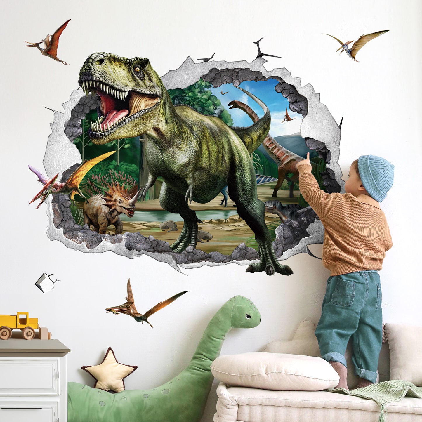 wondever 3D Large Dinosaur Wall Stickers Dino Crack Hole Dinosaur Animal Peel and Stick Wall Art Decals