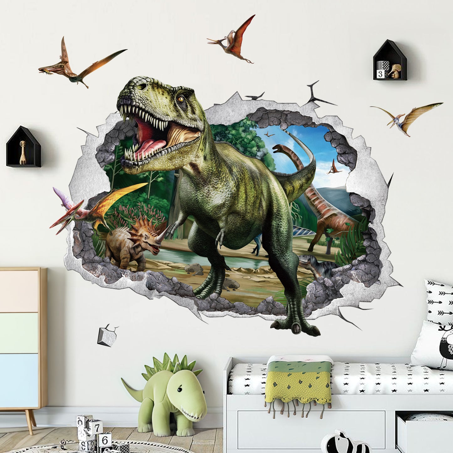 wondever 3D Large Dinosaur Wall Stickers Dino Crack Hole Dinosaur Animal Peel and Stick Wall Art Decals