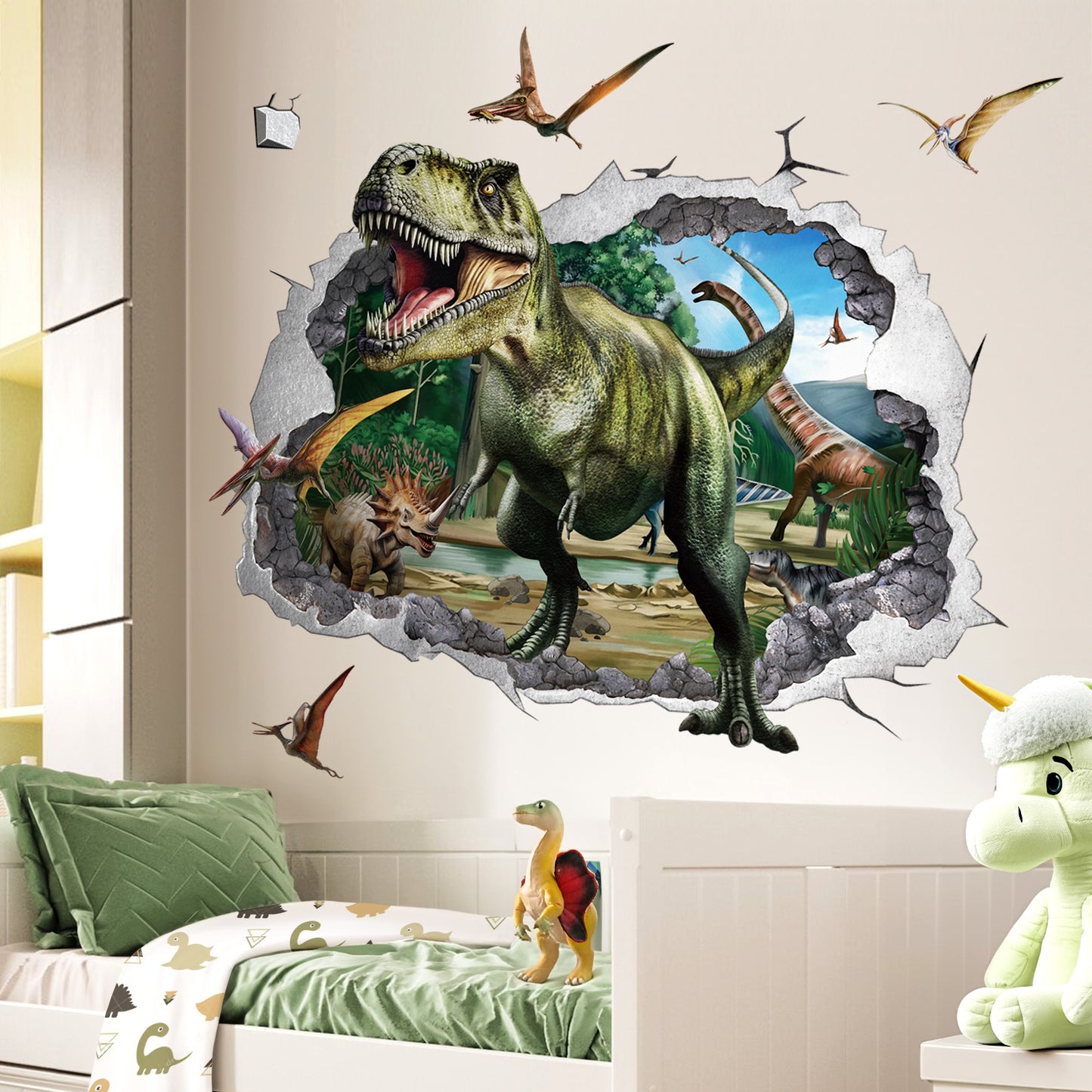 wondever 3D Large Dinosaur Wall Stickers Dino Crack Hole Dinosaur Animal Peel and Stick Wall Art Decals
