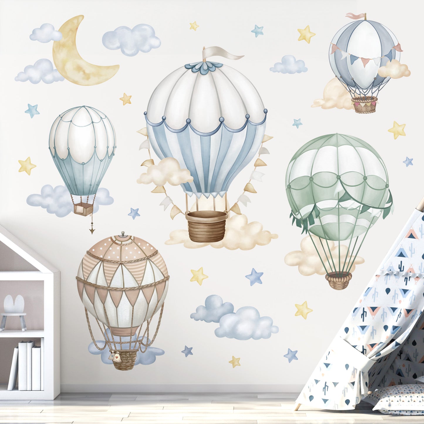 wondever Watercolor Hot Air Balloon Wall Stickers Star Moon Cloud Balloons Peel and Stick Wall Art Decals