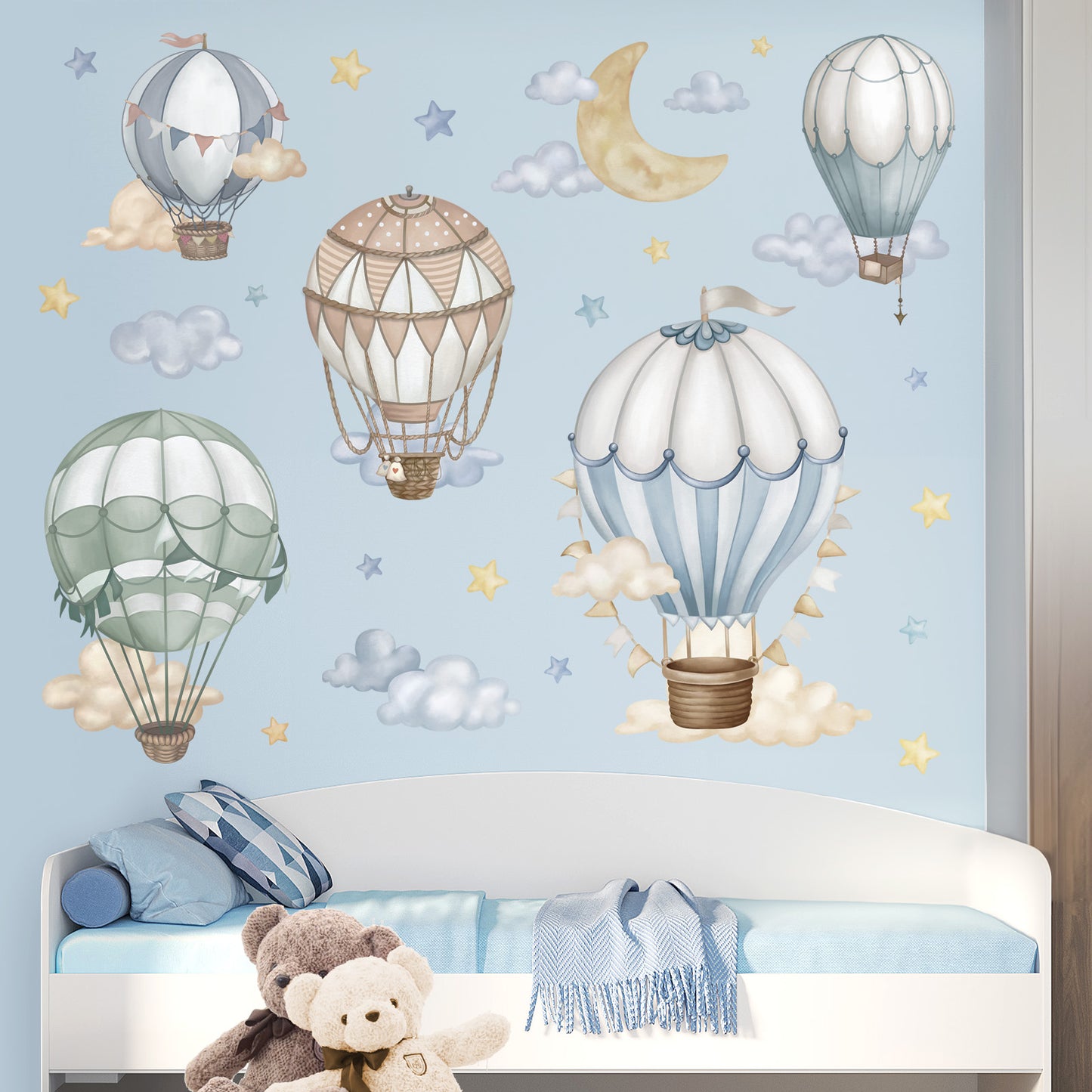 wondever Watercolor Hot Air Balloon Wall Stickers Star Moon Cloud Balloons Peel and Stick Wall Art Decals