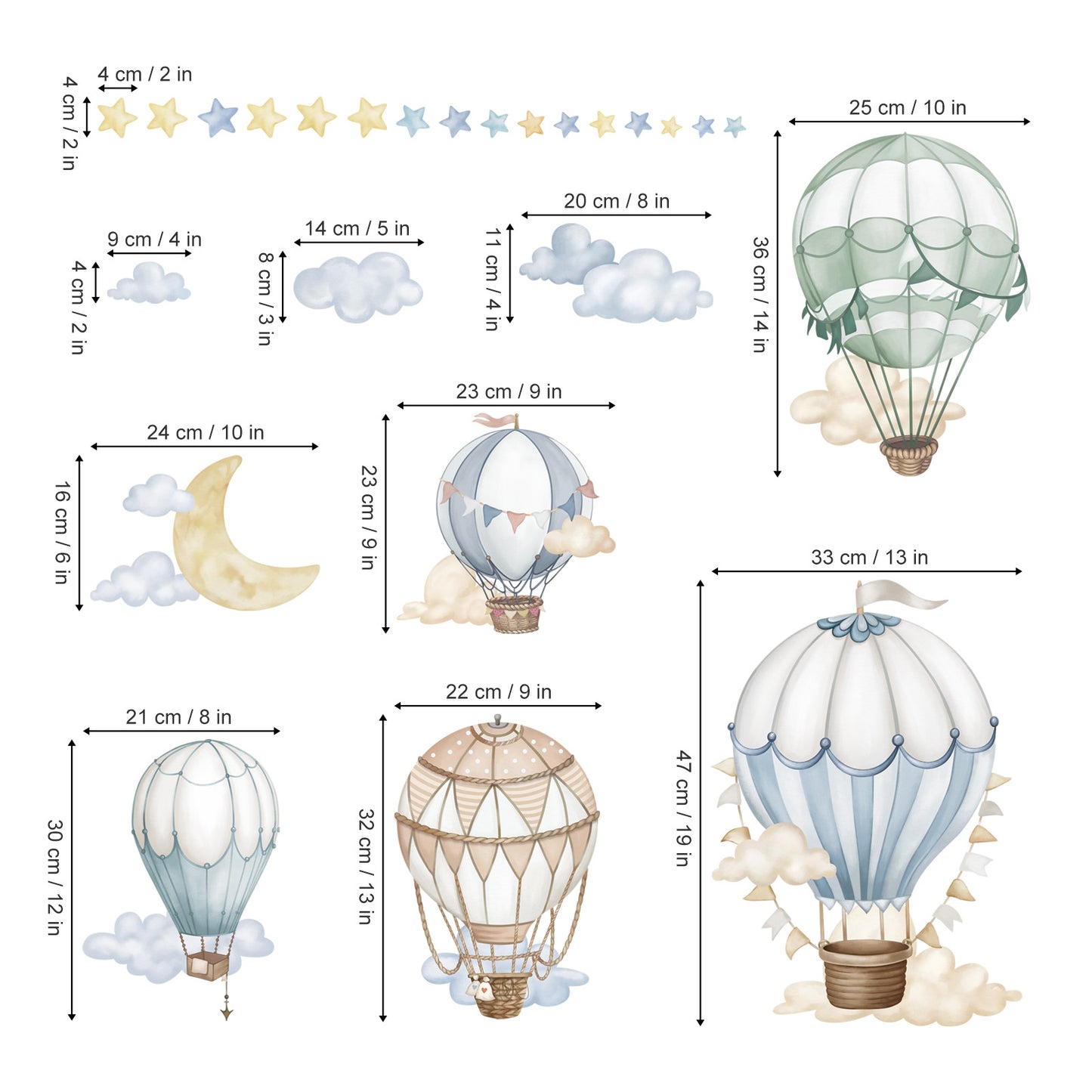 wondever Watercolor Hot Air Balloon Wall Stickers Star Moon Cloud Balloons Peel and Stick Wall Art Decals