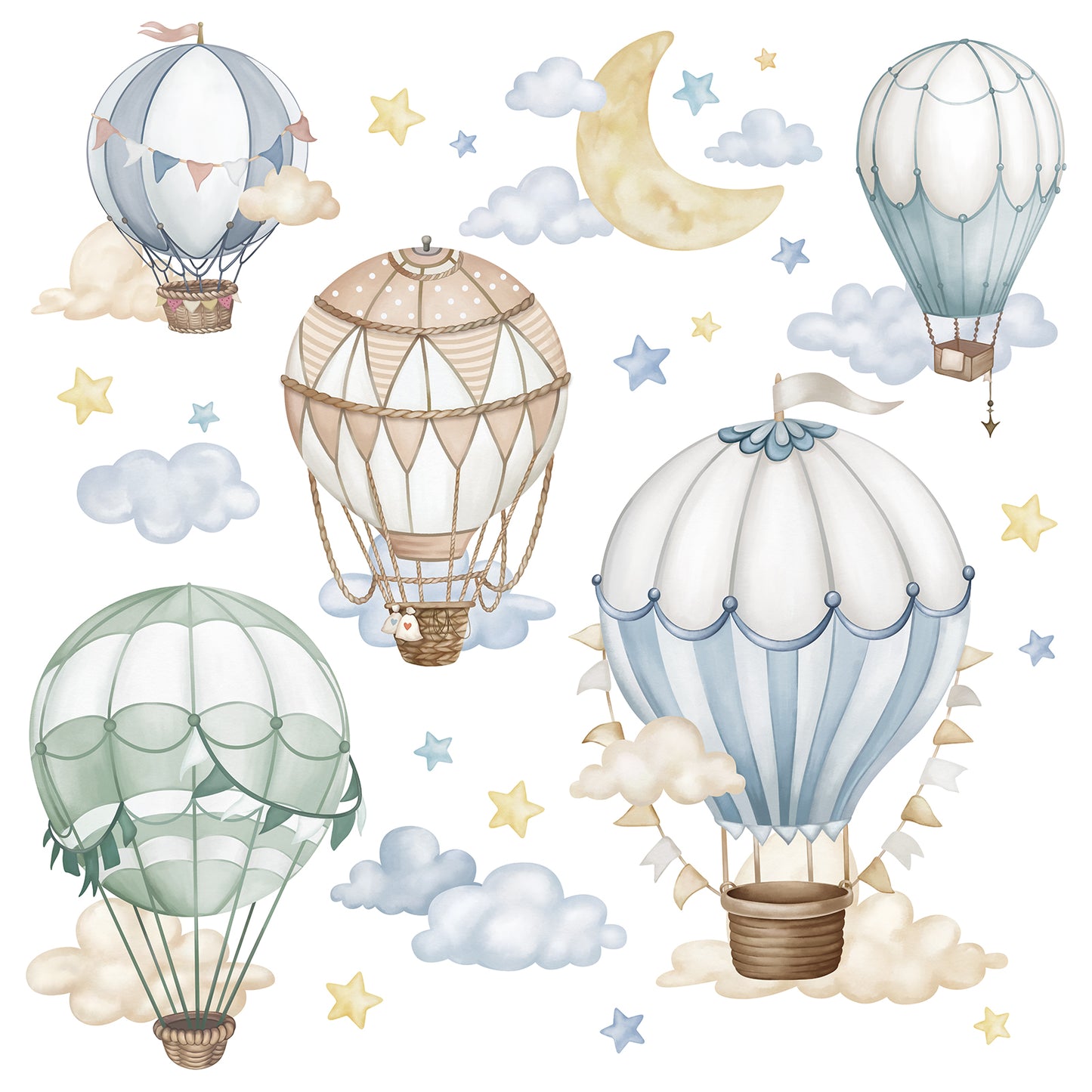 wondever Watercolor Hot Air Balloon Wall Stickers Star Moon Cloud Balloons Peel and Stick Wall Art Decals