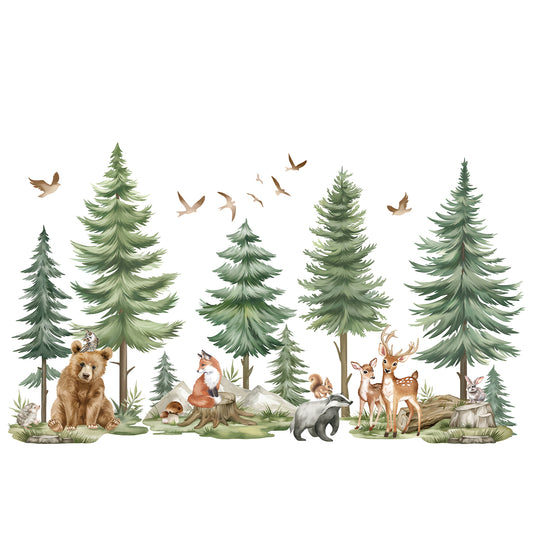 wondever Mountain Tree Wall Stickers Large Pine Tree Forest Animals Bear Deer Peel and Stick Wall Art Decals
