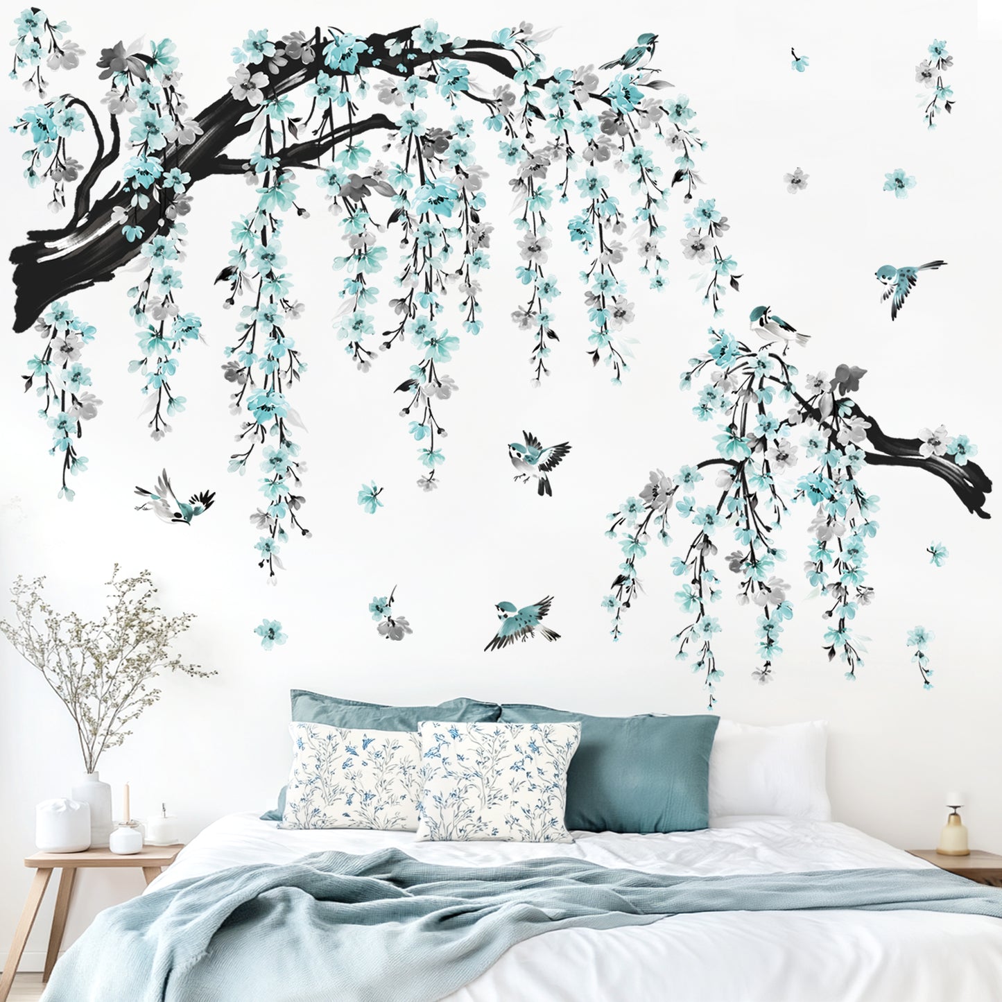 wondever Large Watercolor Flower Branch Wall Stickers Blue Blossom Tree Branches Peel and Stick Wall Art Decals for Living Room Bedroom TV Wall