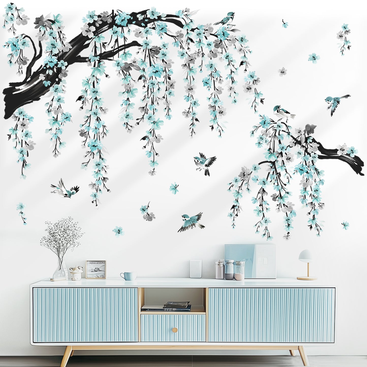 wondever Large Watercolor Flower Branch Wall Stickers Blue Blossom Tree Branches Peel and Stick Wall Art Decals for Living Room Bedroom TV Wall