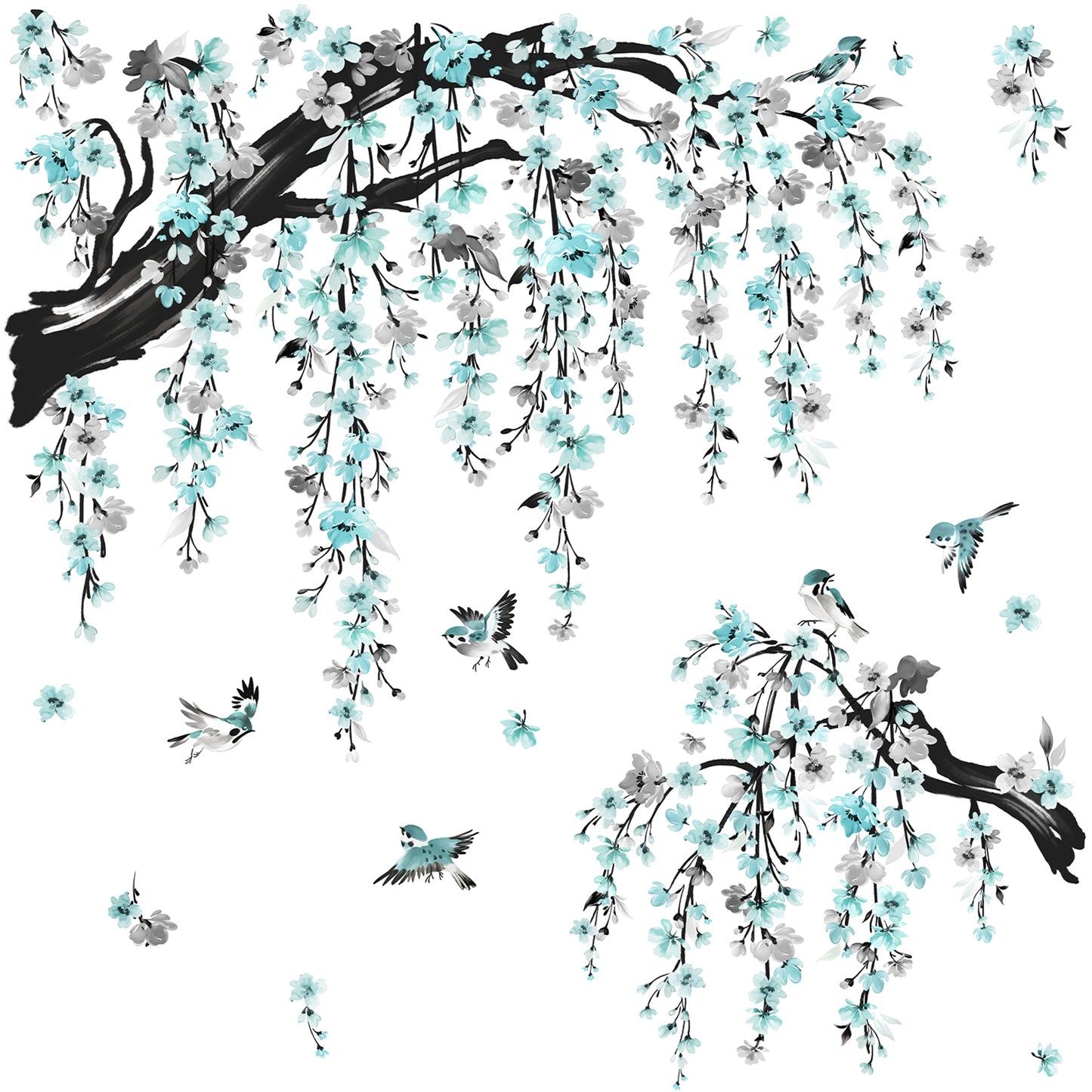 wondever Large Watercolor Flower Branch Wall Stickers Blue Blossom Tree Branches Peel and Stick Wall Art Decals for Living Room Bedroom TV Wall