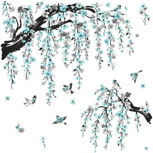 wondever Large Watercolor Flower Branch Wall Stickers Blue Blossom Tree Branches Peel and Stick Wall Art Decals for Living Room Bedroom TV Wall