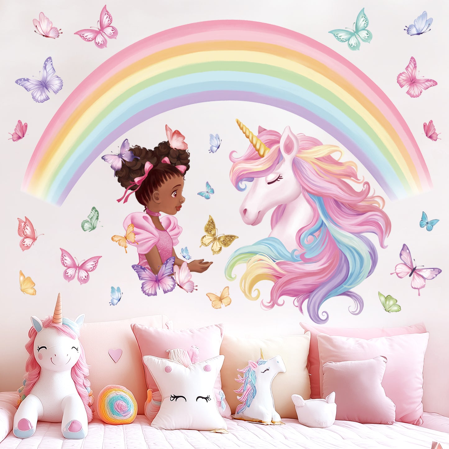 wondever Large Rainbow Unicorn Wall Stickers Black Girls Butterfly Peel and Stick Wall Art Decals