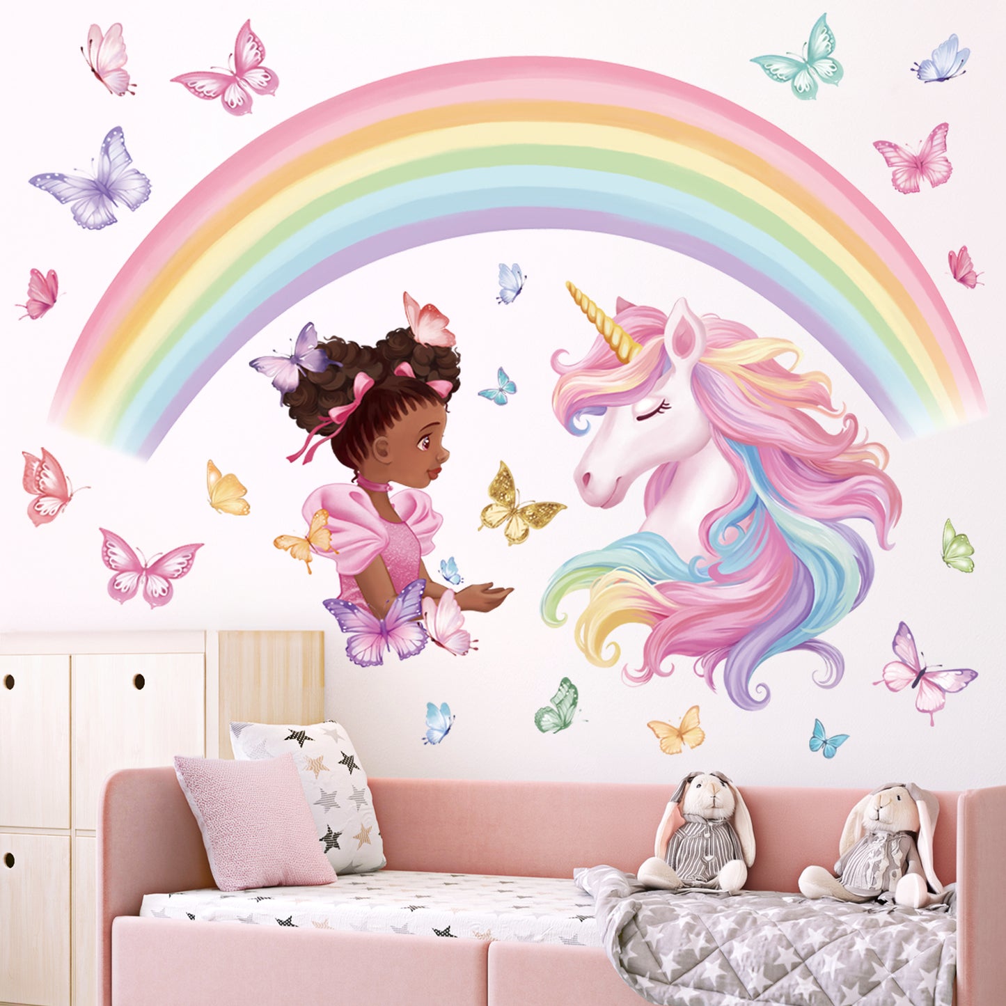 wondever Large Rainbow Unicorn Wall Stickers Black Girls Butterfly Peel and Stick Wall Art Decals