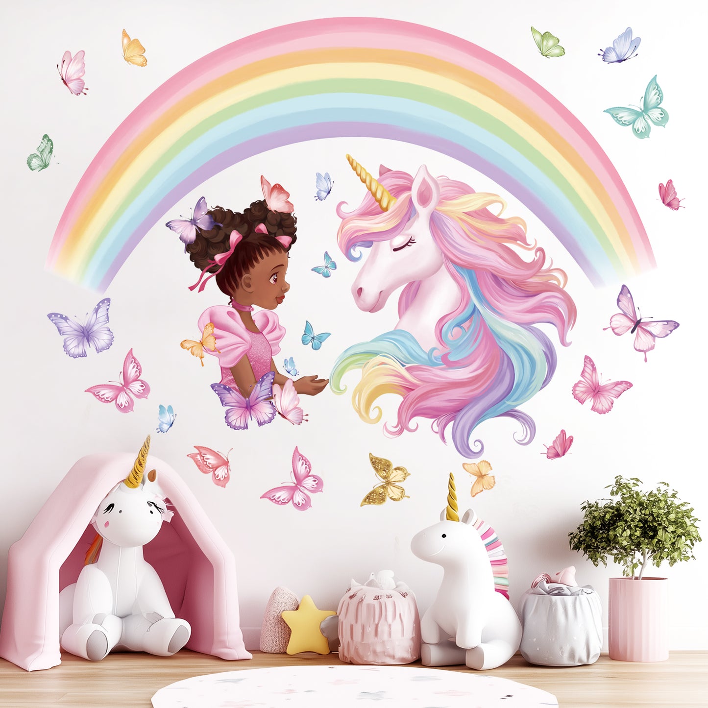 wondever Large Rainbow Unicorn Wall Stickers Black Girls Butterfly Peel and Stick Wall Art Decals