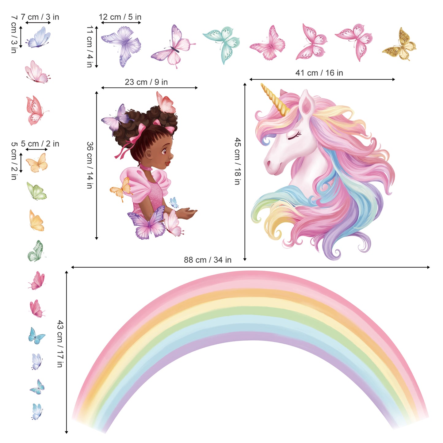 wondever Large Rainbow Unicorn Wall Stickers Black Girls Butterfly Peel and Stick Wall Art Decals
