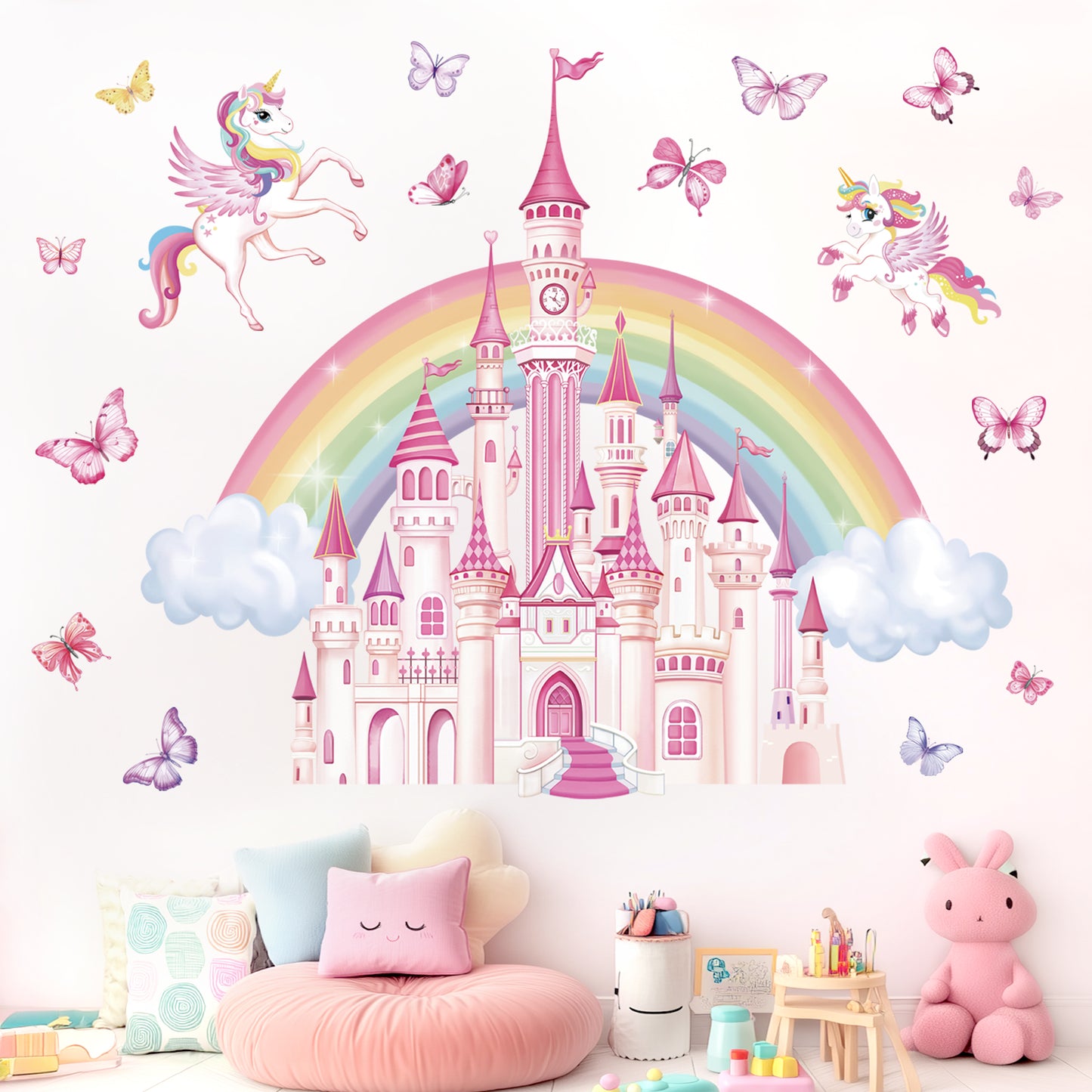 wondever Rainbow Castle Wall Stickers Fairy Tale Unicorn Butterfly Peel and Stick Wall Art Decals