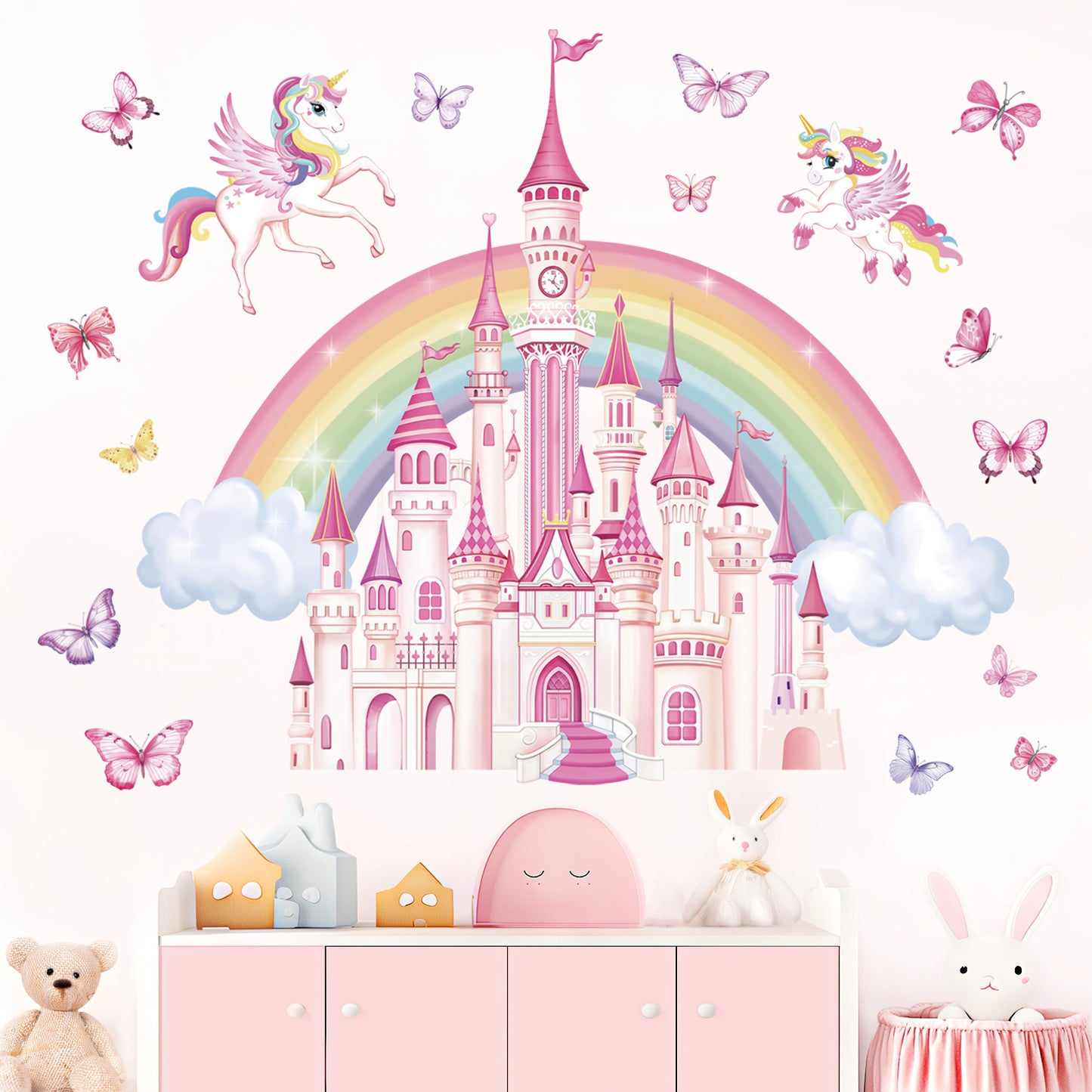 wondever Rainbow Castle Wall Stickers Fairy Tale Unicorn Butterfly Peel and Stick Wall Art Decals