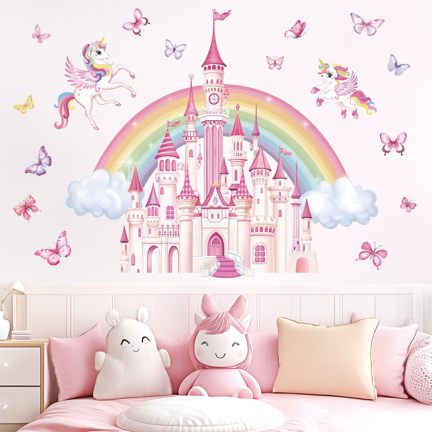wondever Rainbow Castle Wall Stickers Fairy Tale Unicorn Butterfly Peel and Stick Wall Art Decals