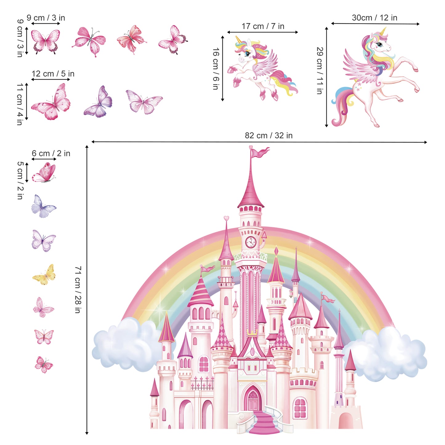 wondever Rainbow Castle Wall Stickers Fairy Tale Unicorn Butterfly Peel and Stick Wall Art Decals