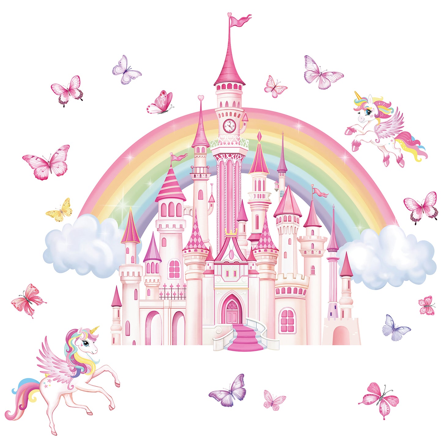 wondever Rainbow Castle Wall Stickers Fairy Tale Unicorn Butterfly Peel and Stick Wall Art Decals