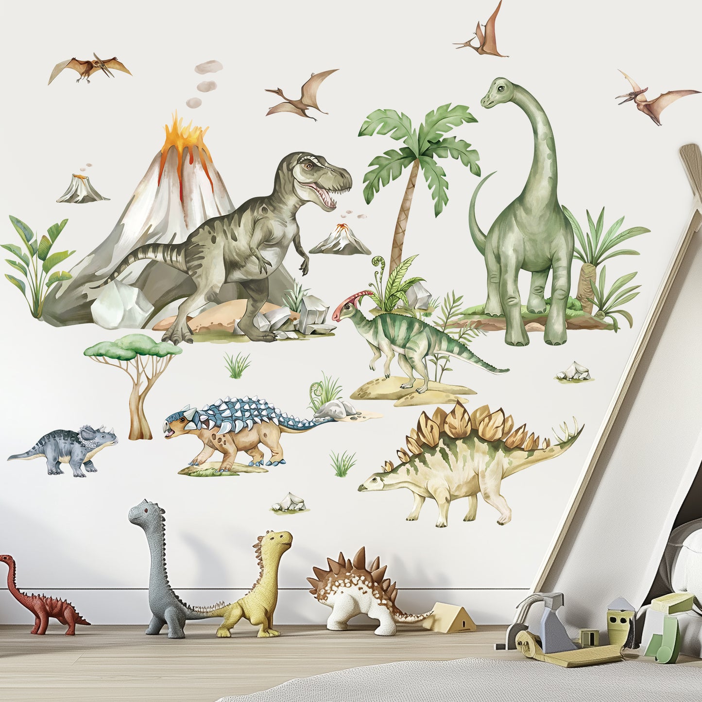 wondever Large Dinosaur Wall Stickers Tropical Animal Dino Volcano Plants Wall Art Decals
