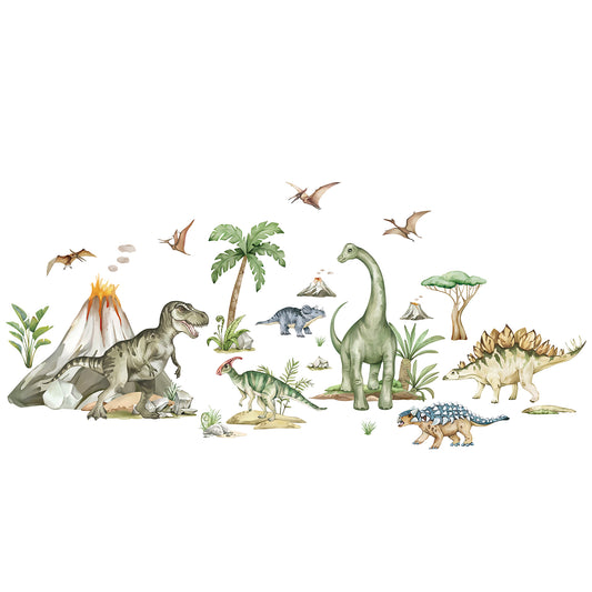 wondever Large Dinosaur Wall Stickers Tropical Animal Dino Volcano Plants Wall Art Decals