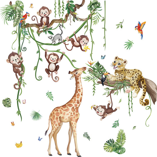 wondever Jungle Animals Tree Branch Wall Stickers Safari Leopard Giraffe Monkey Peel and Stick Wall Art Decals