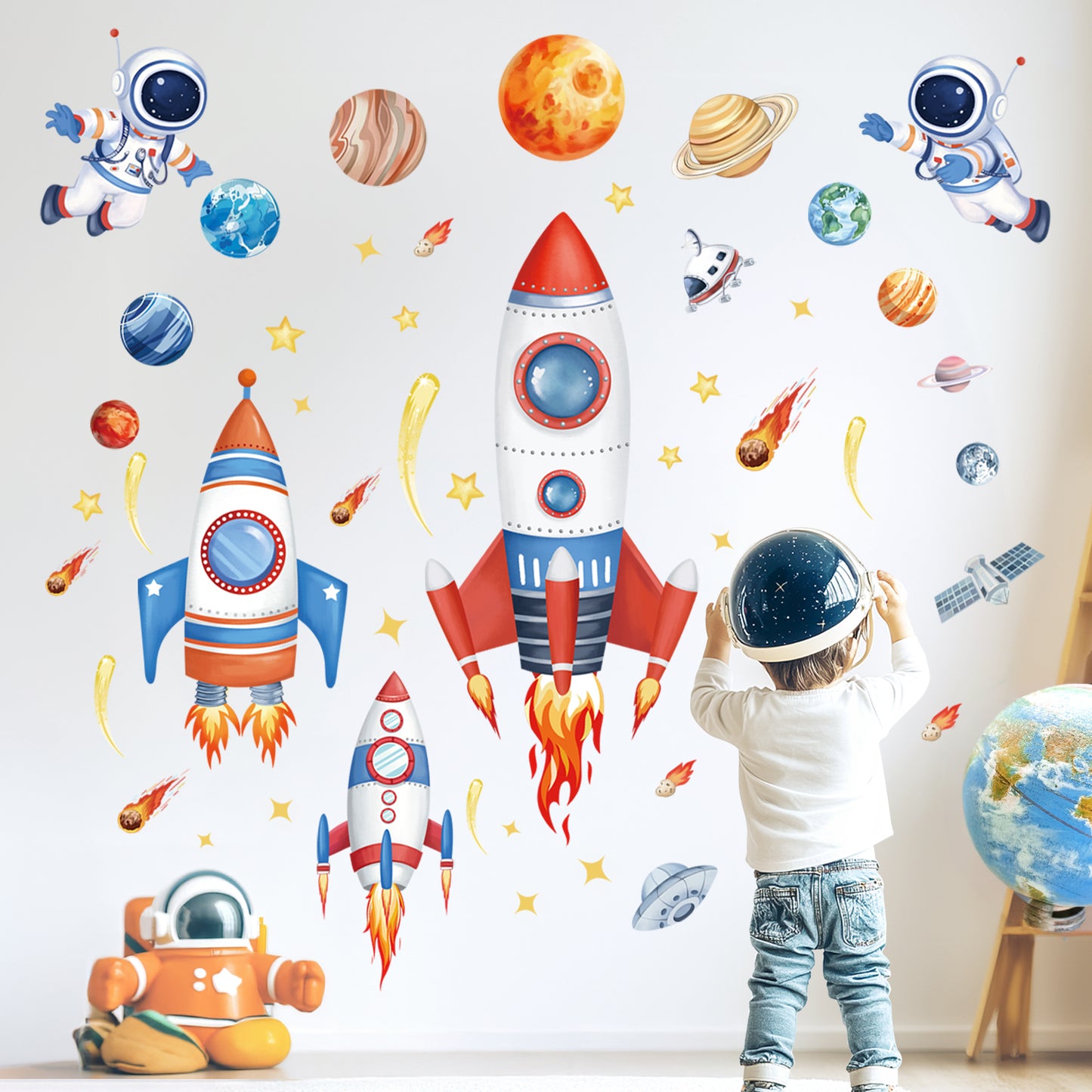 wondever Outer Space Rockets Wall Stickers Planets Star Spacecraft Astronaut Peel and Stick Wall Art Decals for Baby Nursery Boys Bedroom Playroom