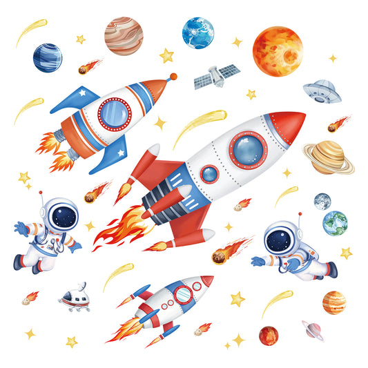 wondever Outer Space Rockets Wall Stickers Planets Star Spacecraft Astronaut Peel and Stick Wall Art Decals for Baby Nursery Boys Bedroom Playroom