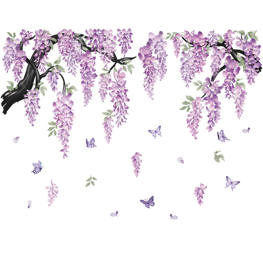 wondever Large Flower Tree Branch Wall Stickers Purple Hanging Vine Floral Butterflies Peel and Stick Wall Art Decals for Living Room Bedroom TV Wall