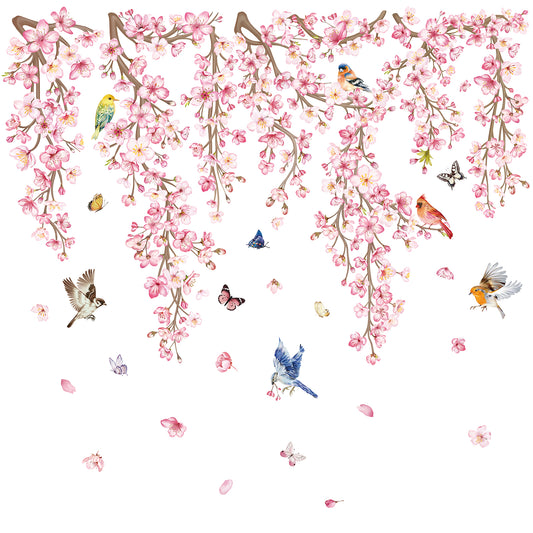 wondever Cherry Blossom Flower Vine Wall Stickers Pink Hanging Floral Tree Branch Birds Peel and Stick Wall Art Decals for Bedroom Living Room Sofa