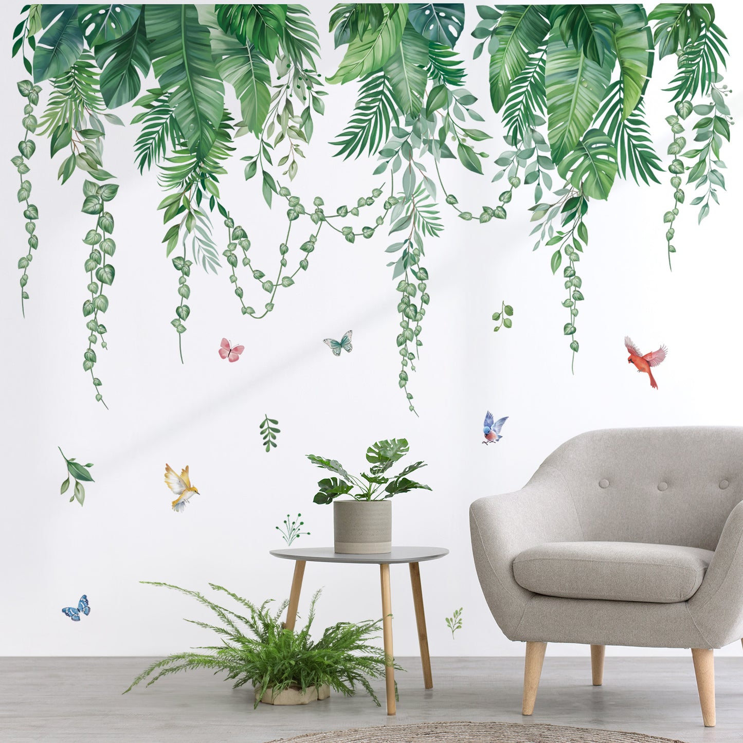 wondever Green Tropical Leaves Wall Stickers Hanging Vines Palm Leaf Plants Peel and Stick Wall Art Decals for Bedroom Living Room Sofa