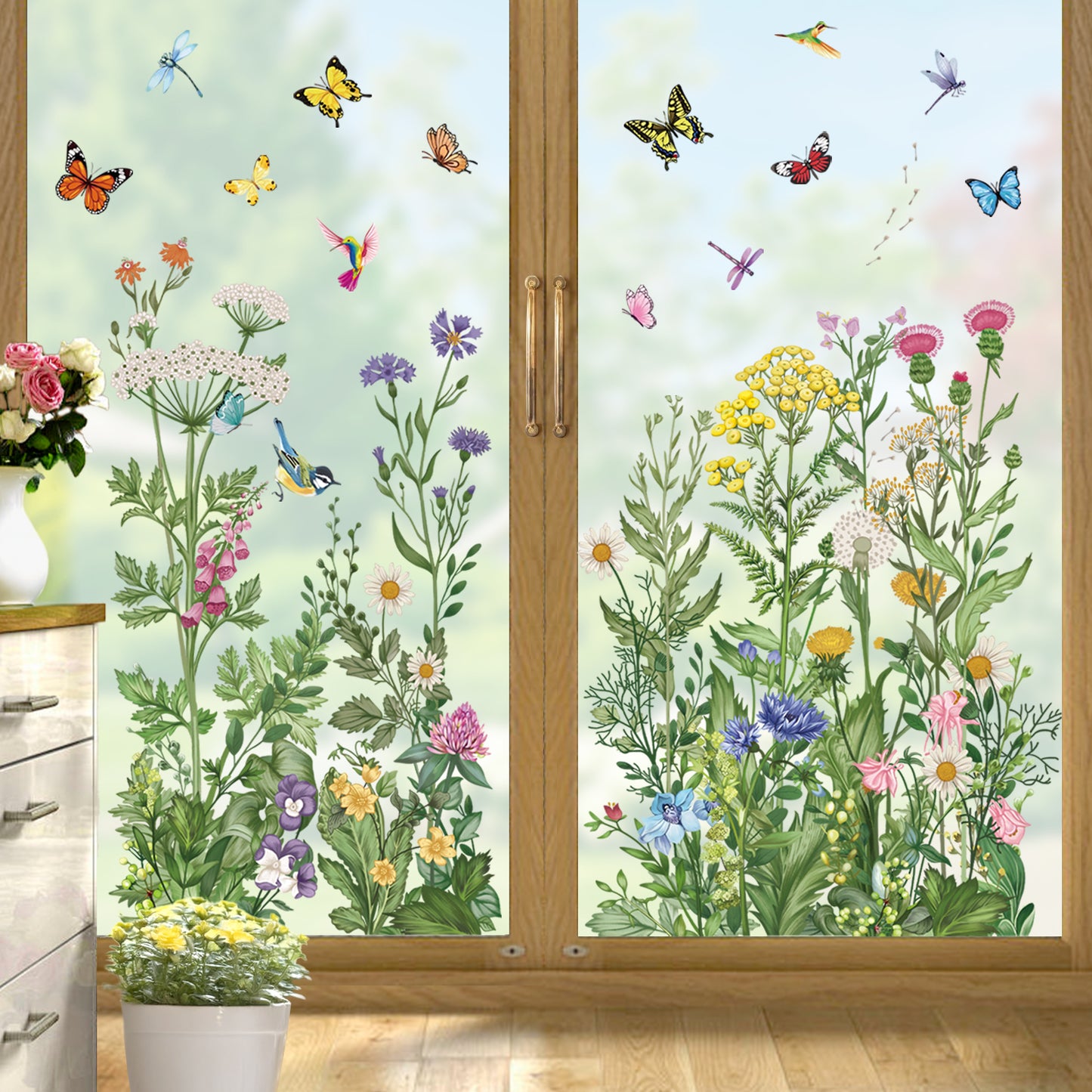 wondever Spring Summer Wild Flowers Window Clings Vintage Wildfloral Butterflies Glass Sticker Decal Anti Collision Double-Side Static Window Stickers for Home Glass Window