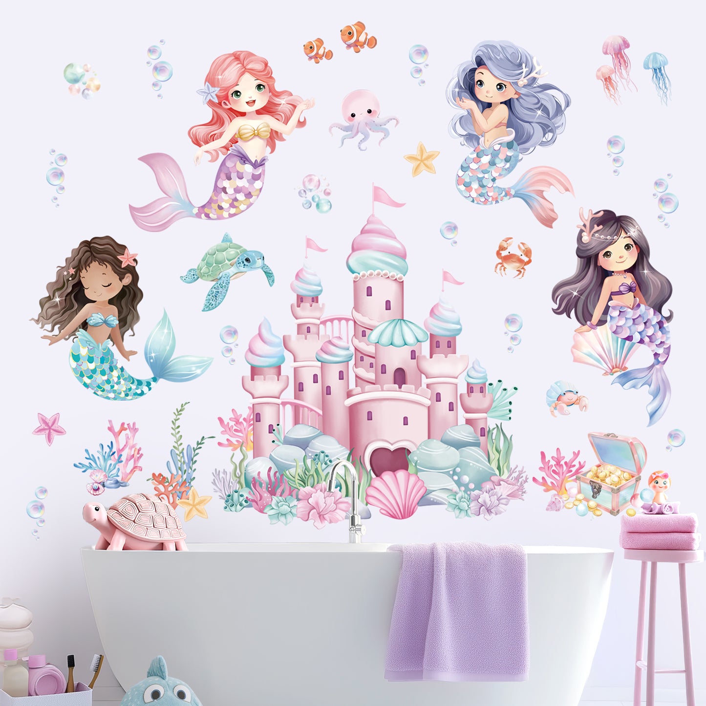 wondever Under The Sea Mermaid Castle Wall Stickers Ocean Creature Seaweed Bubble Peel and Stick Wall Art Decals for Girls Bedroom Baby Nursery Kids Bedroom