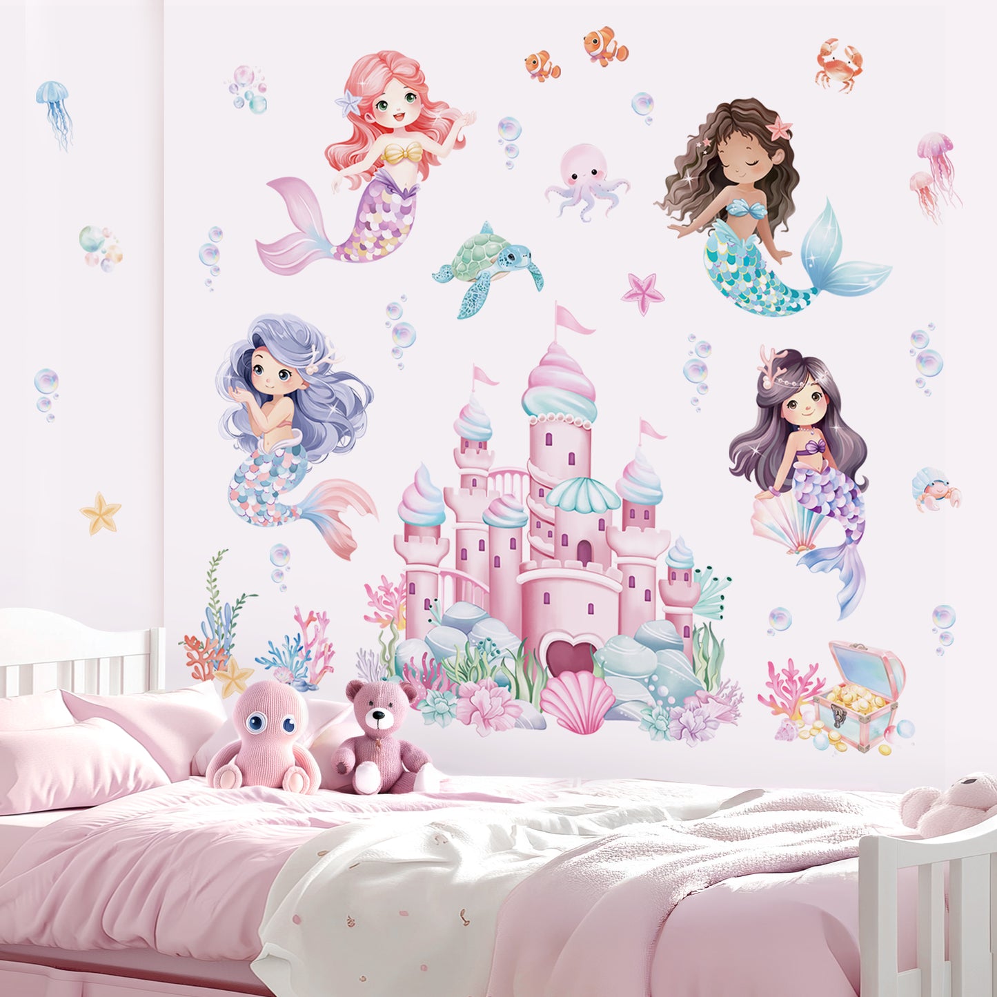wondever Under The Sea Mermaid Castle Wall Stickers Ocean Creature Seaweed Bubble Peel and Stick Wall Art Decals for Girls Bedroom Baby Nursery Kids Bedroom