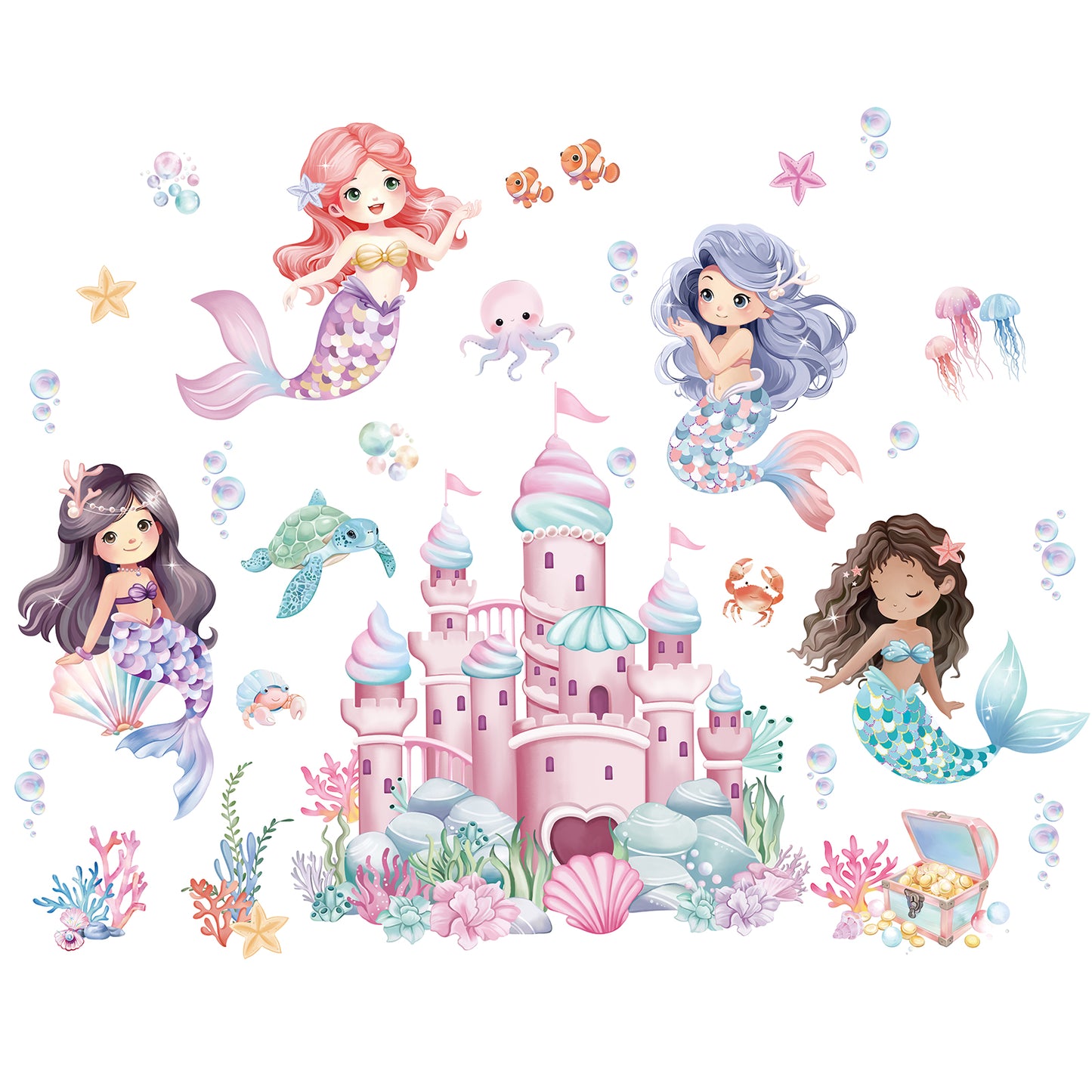 wondever Under The Sea Mermaid Castle Wall Stickers Ocean Creature Seaweed Bubble Peel and Stick Wall Art Decals for Girls Bedroom Baby Nursery Kids Bedroom