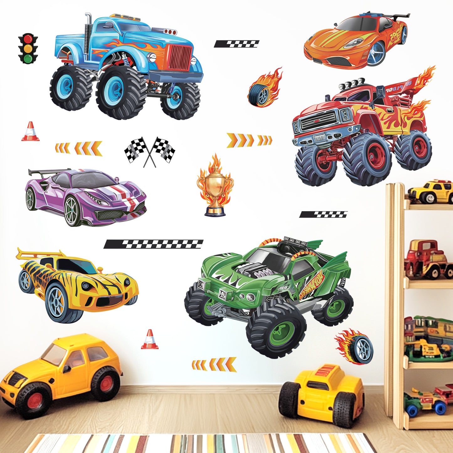 wondever Racing Car Wall Stickers Trucks Vehicles Roads Peel and Stick Wall Art Decals for Kids Bedroom Boys Room Playroom