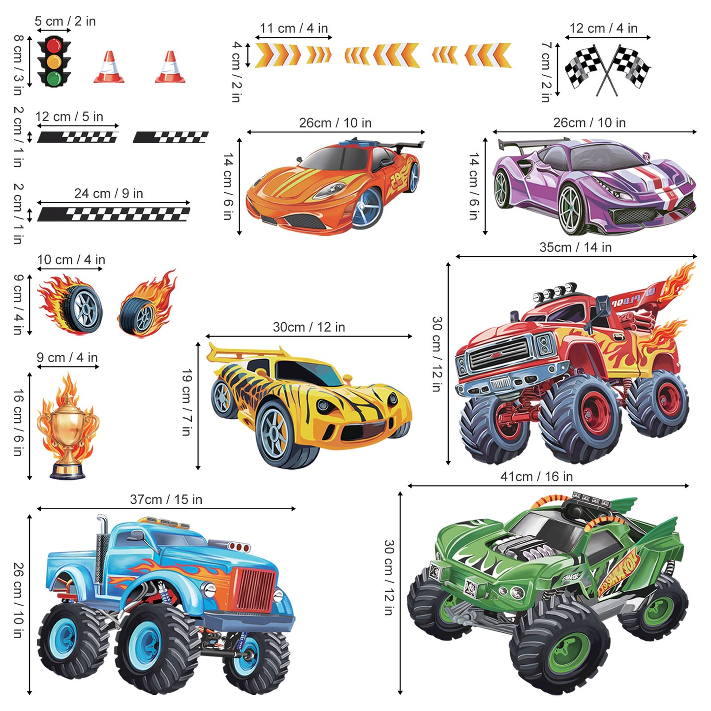 wondever Racing Car Wall Stickers Trucks Vehicles Roads Peel and Stick Wall Art Decals for Kids Bedroom Boys Room Playroom