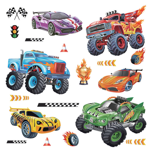 wondever Racing Car Wall Stickers Trucks Vehicles Roads Peel and Stick Wall Art Decals for Kids Bedroom Boys Room Playroom