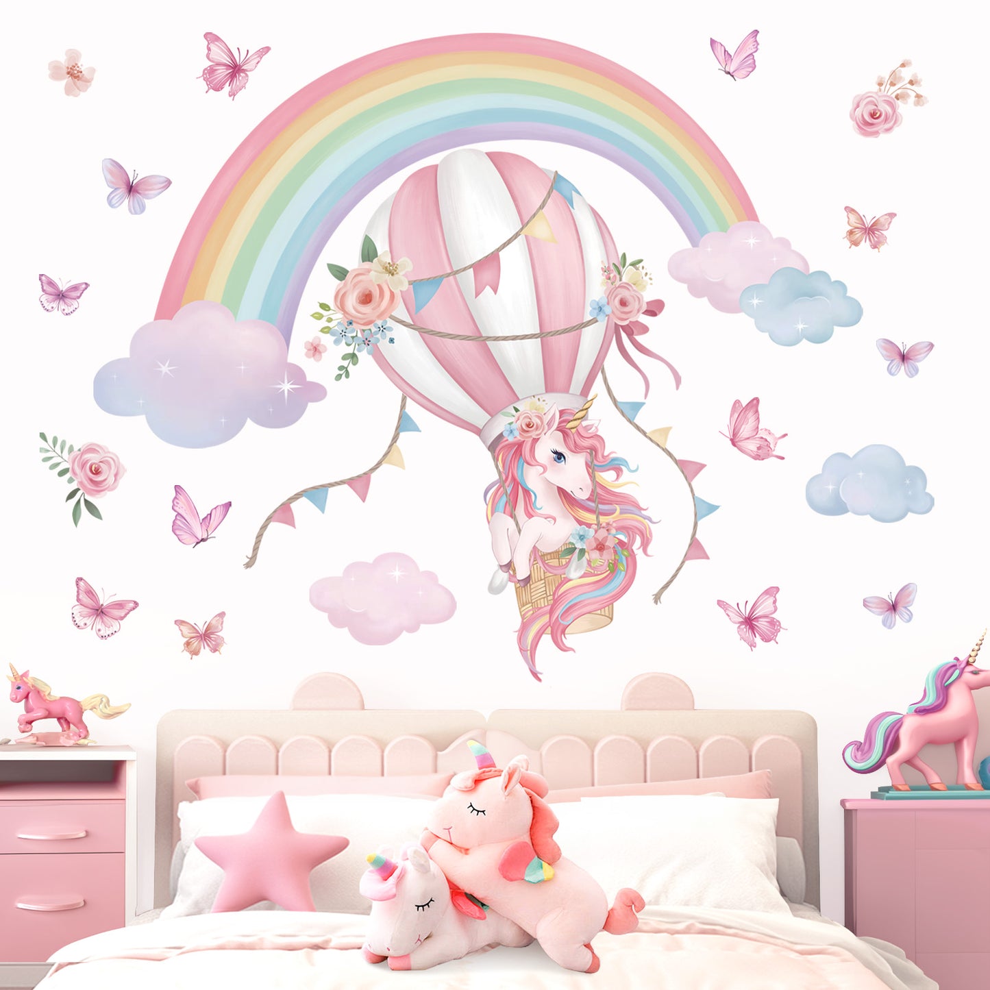 wondever Large Rainbow Unicorn Wall Stickers Unicorn Hot Air Balloon Clouds Butterfly Peel and Stick Wall Art Decals for Baby Nursery Kids Girls Bedroom
