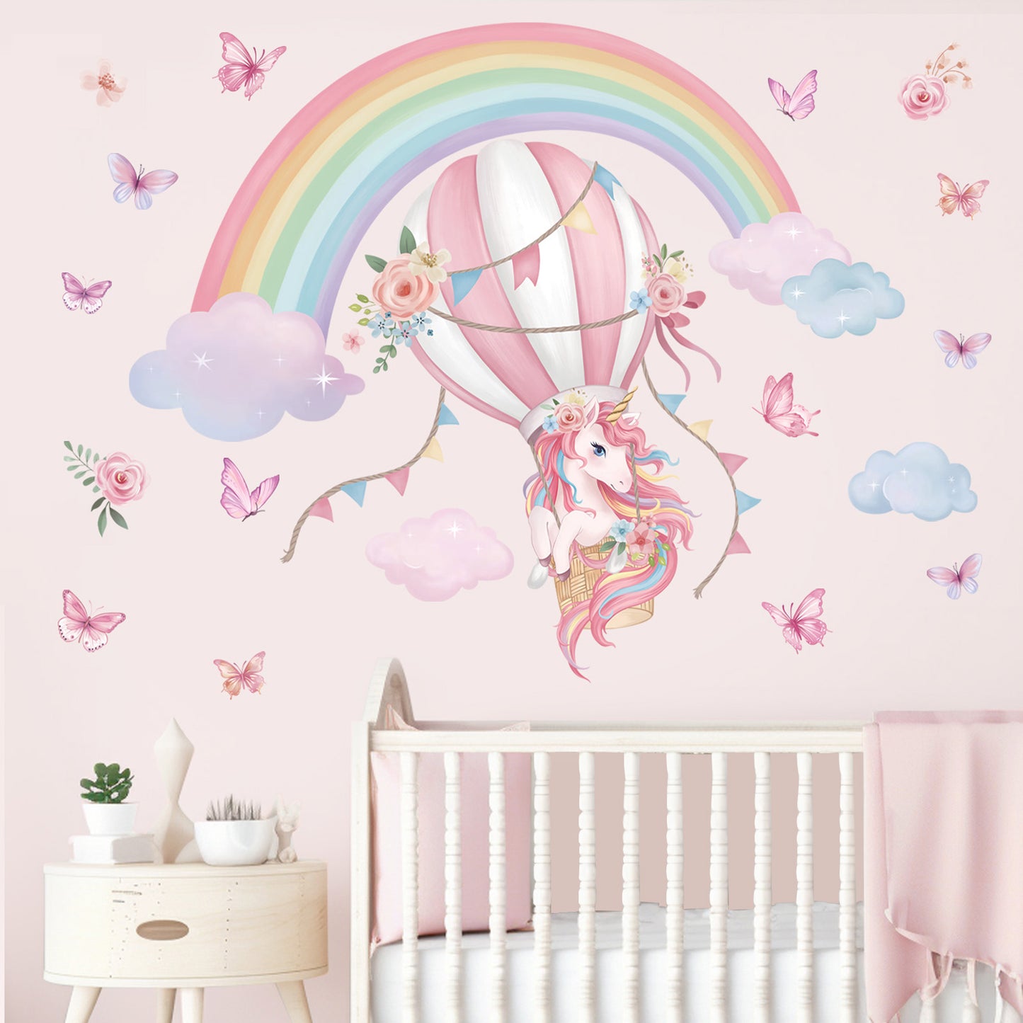 wondever Large Rainbow Unicorn Wall Stickers Unicorn Hot Air Balloon Clouds Butterfly Peel and Stick Wall Art Decals for Baby Nursery Kids Girls Bedroom