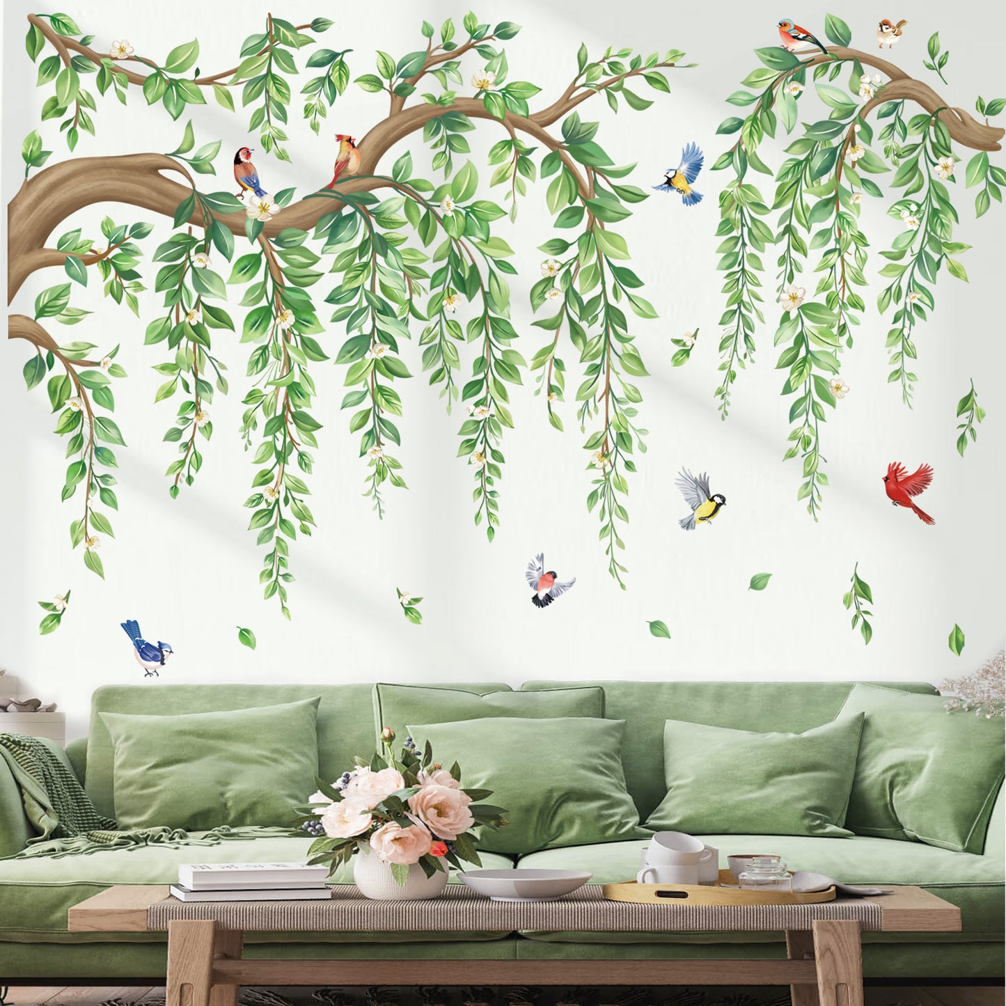 wondever Large Tree Branch Hanging Vine Wall Stickers Green Leaf Flower Birds Peel and Stick Wall Art Decals for Living Room Bedroom TV Wall