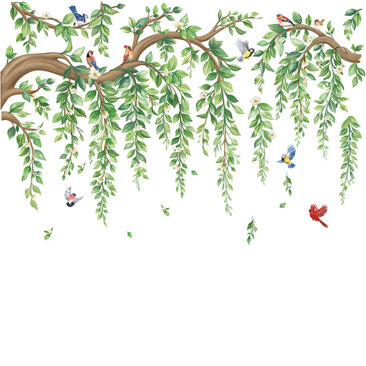 wondever Large Tree Branch Hanging Vine Wall Stickers Green Leaf Flower Birds Peel and Stick Wall Art Decals for Living Room Bedroom TV Wall
